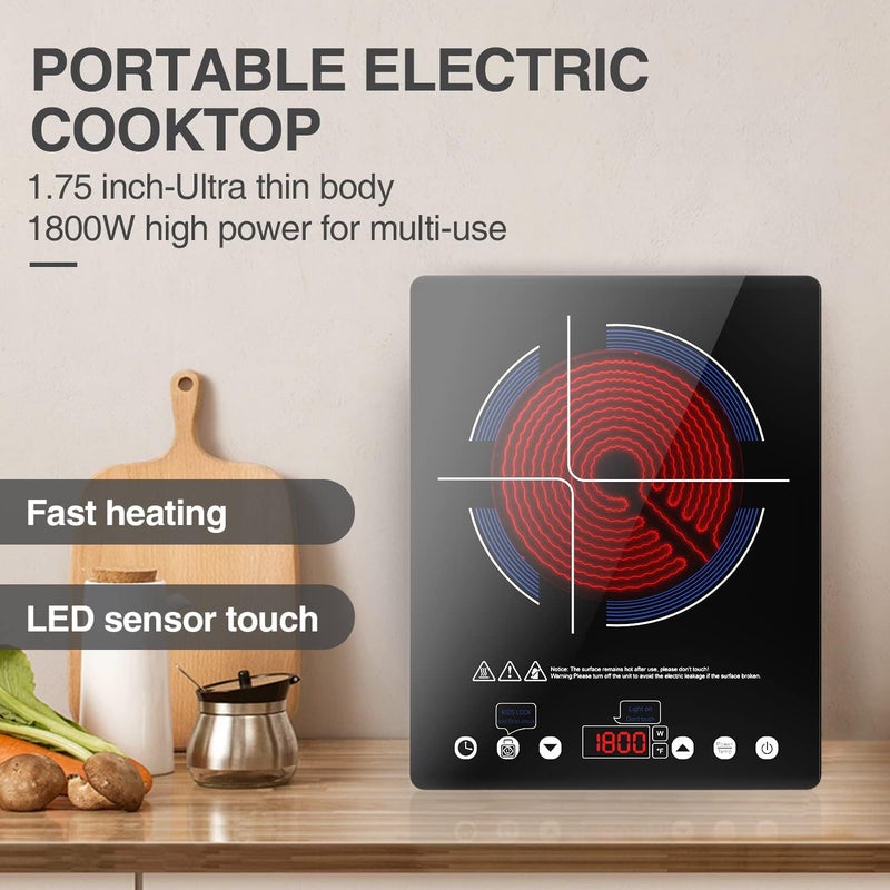 Bgk Electric Cooktop,110V Electric Stove Top,Single Burner LED Touch Control,9 Power Levels, Kids Lock &Timer,Overheat Protection,1800W Portable Induction Cooktop. - Image 3